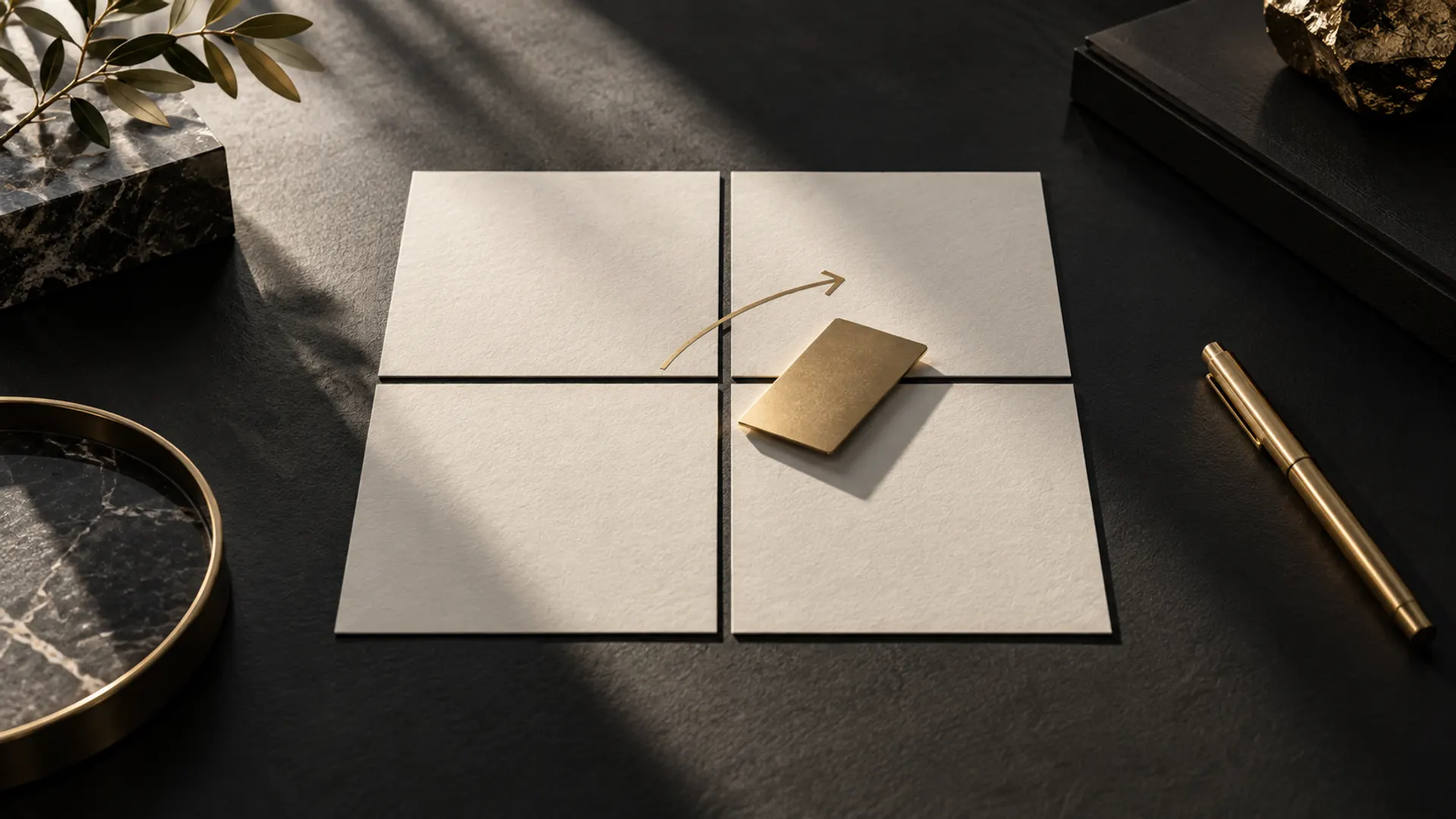 Abstrakte Risikomatrix aus vier hellen Papierfeldern auf dunklem Untergrund, mit einer goldenen Karte und einem Pfeil