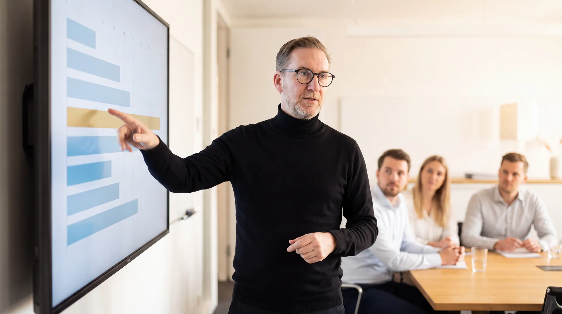 Steffen Herr zeigt in einem Besprechungsraum auf einen Bildschirm mit Balkendiagramm und erklärt drei Teammitgliedern die Werte