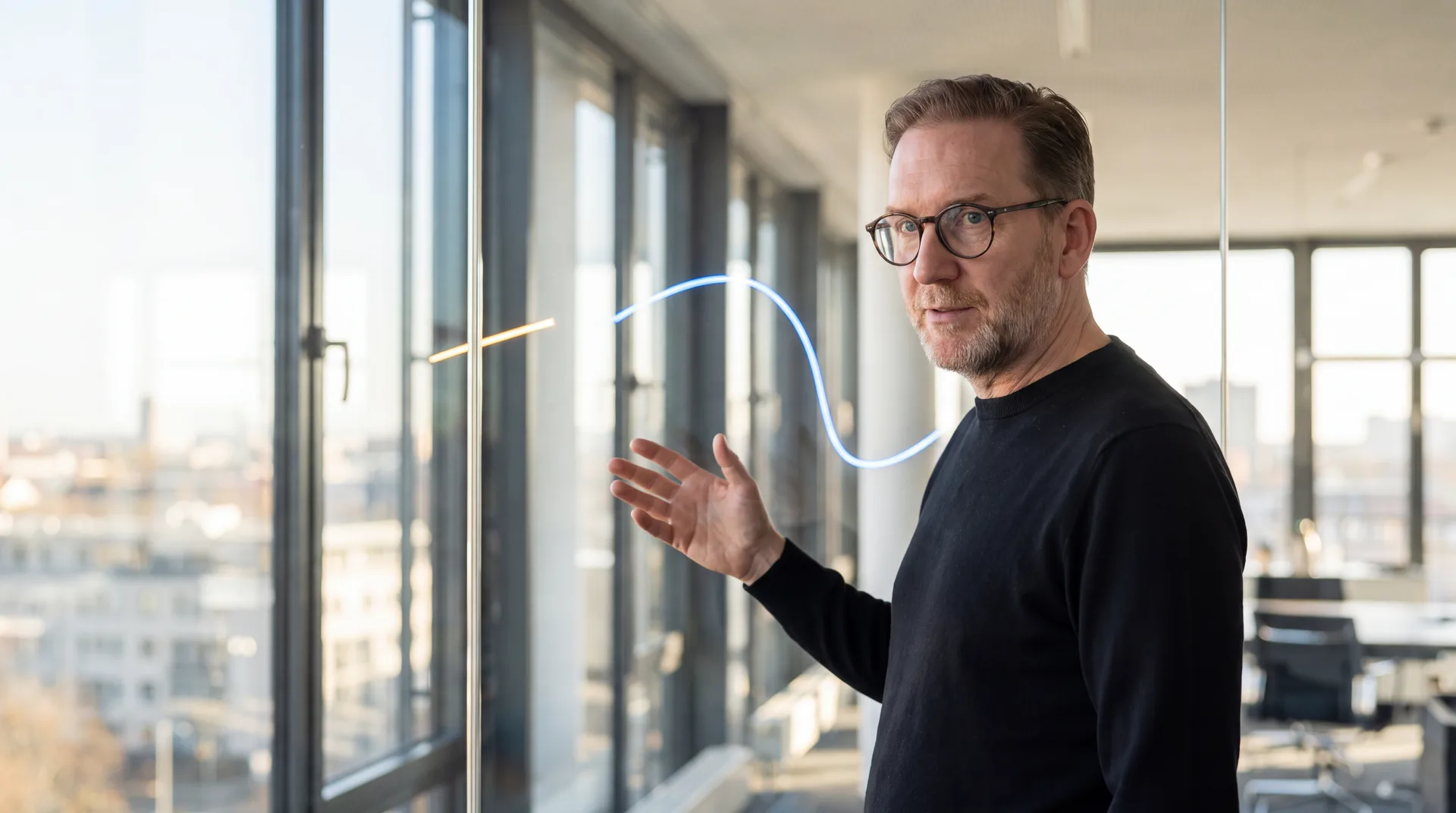 Steffen Herr steht in einem hellen Büro an einer Glaswand und erklärt mit erhobener Hand zwei Lichtlinien, eine kurze gerade und eine lange geschwungene
