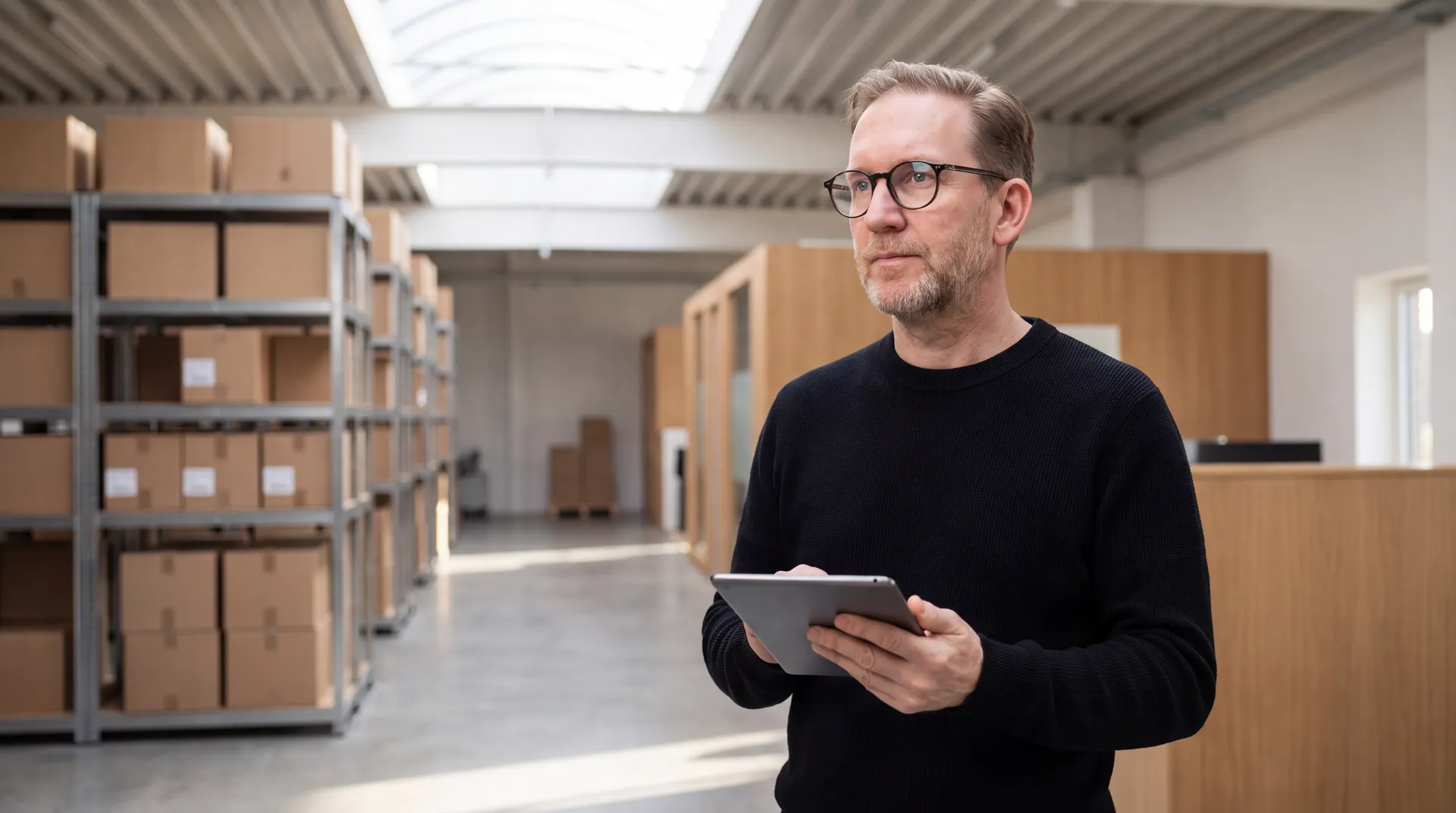 Steffen Herr steht mit einem Tablet in der Hand in einer hellen Lager- und Bürofläche, links Regale mit Kartons, rechts Holzeinbauten
