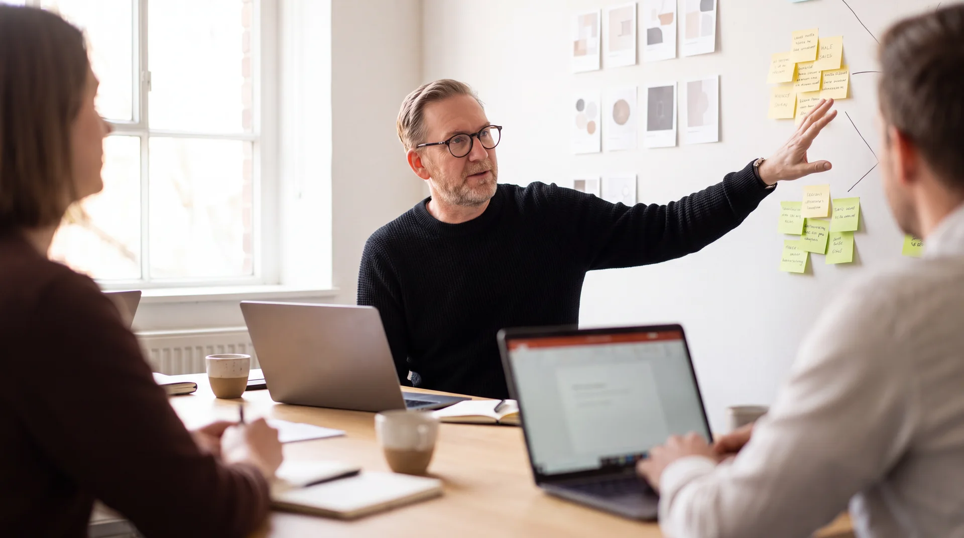 Steffen Herr erklärt in einem hellen Besprechungsraum an einer Wand mit Haftnotizen die Struktur eines KI-Vorhabens, im Vordergrund unscharf zwei Teilnehmende mit Laptops