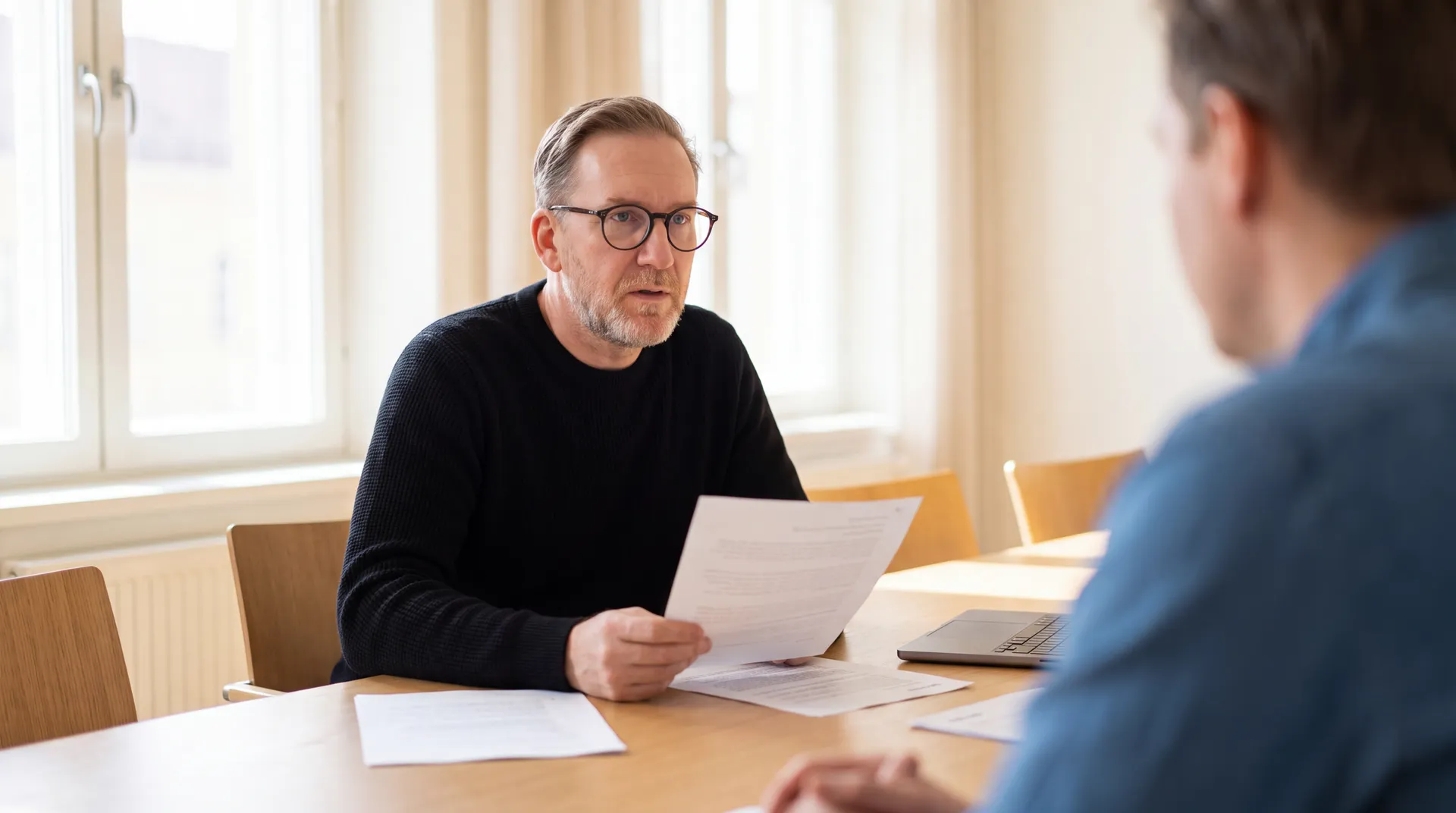Steffen Herr sitzt an einem hellen Besprechungstisch, hält ein Blatt mit Bewerbungsunterlagen und spricht nachdenklich mit einer Person im Vordergrund