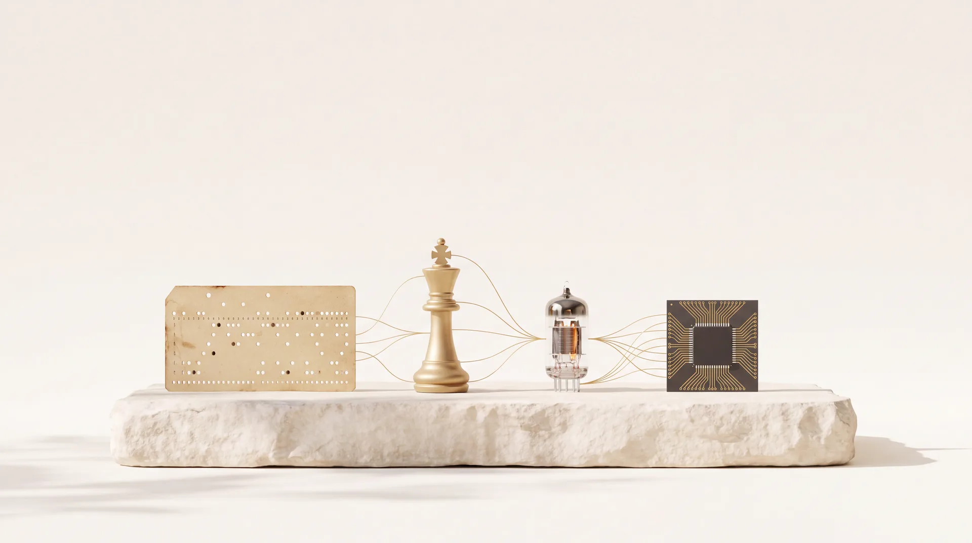 Lochkarte, goldene Schachfigur, Elektronenröhre und Mikrochip nebeneinander auf einem hellen Steinsockel, verbunden durch feine goldene Linien