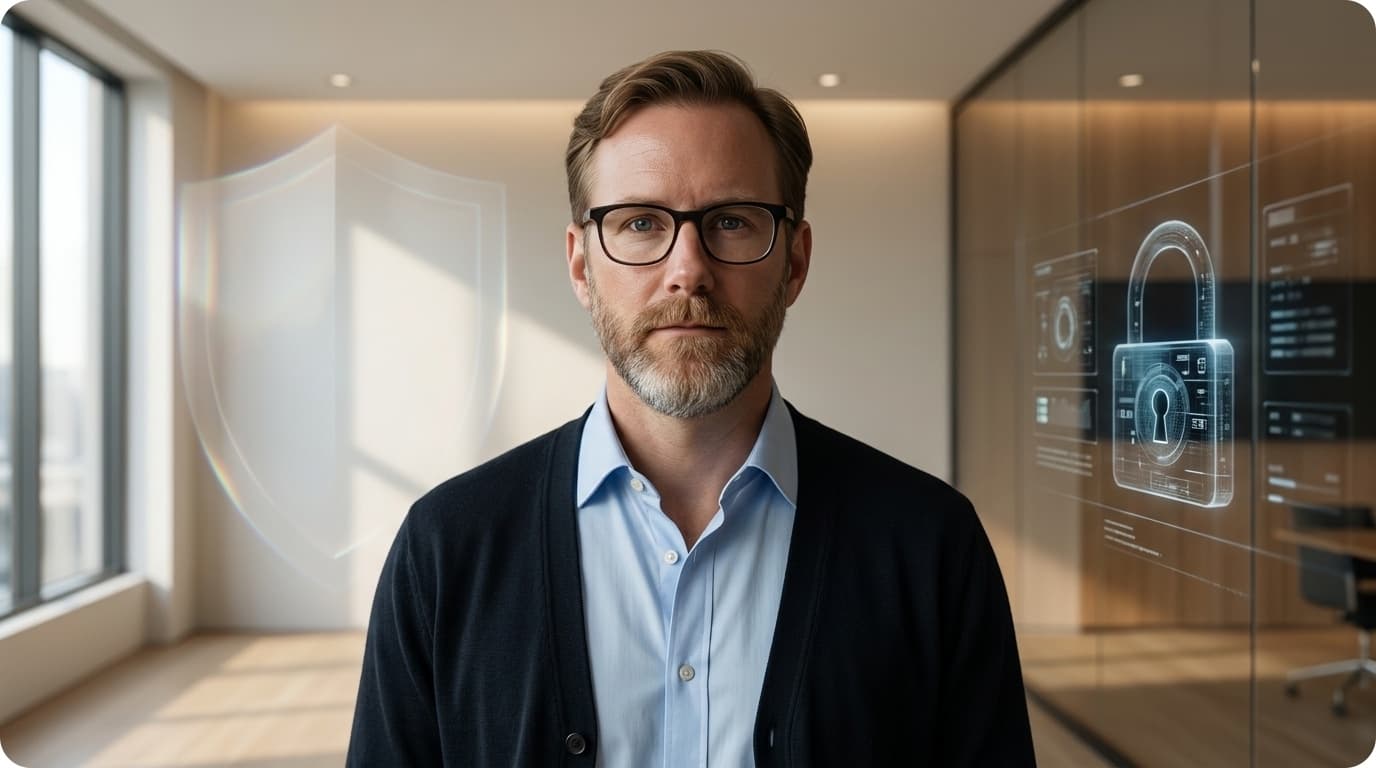 KI-generierte Büroszene mit einer Person zwischen einem Schutzschild und digitalen Sicherheitssymbolen