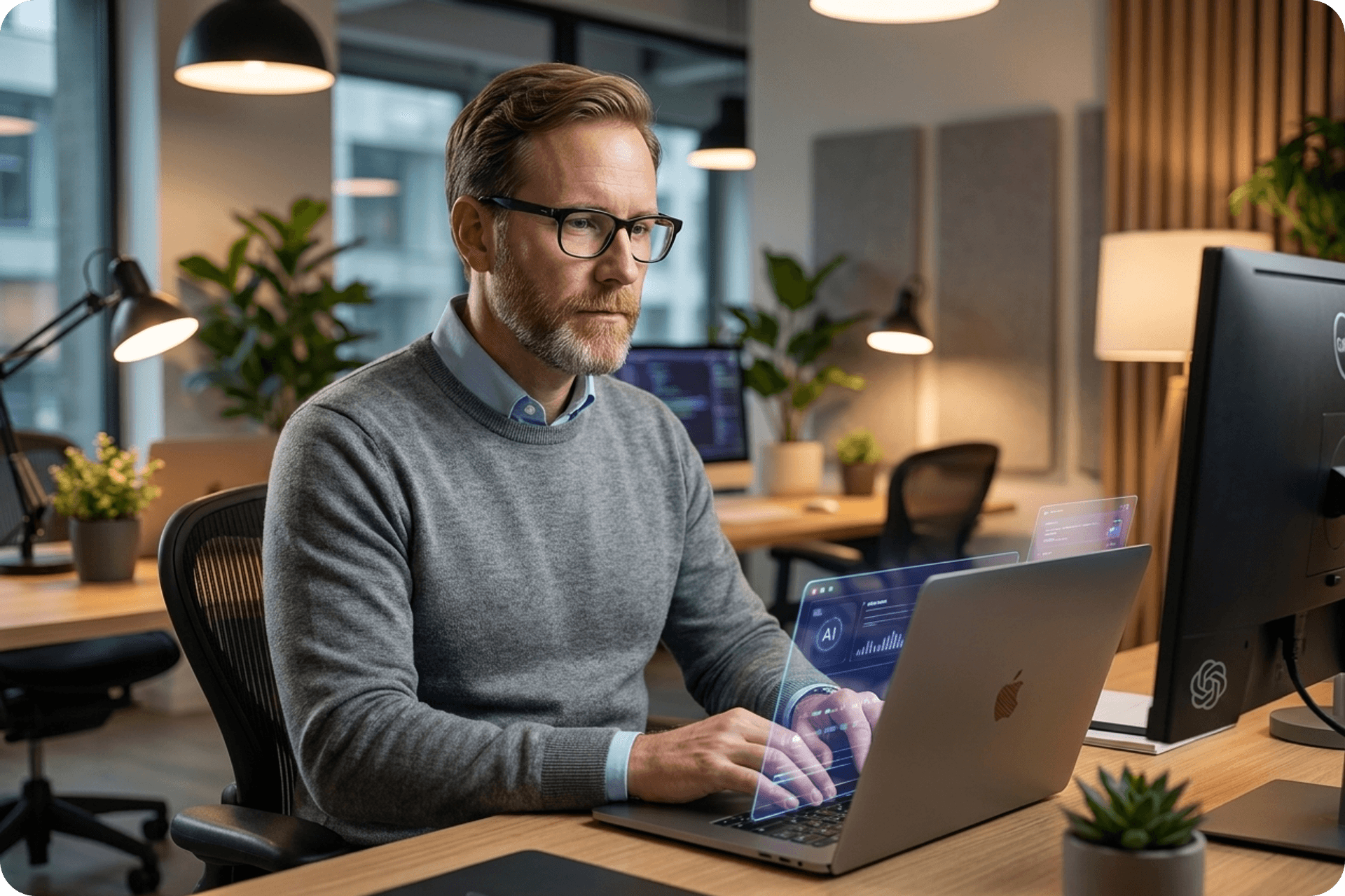 Wissensarbeiter an einem Laptop mit eingeblendeten KI-Arbeitsflächen