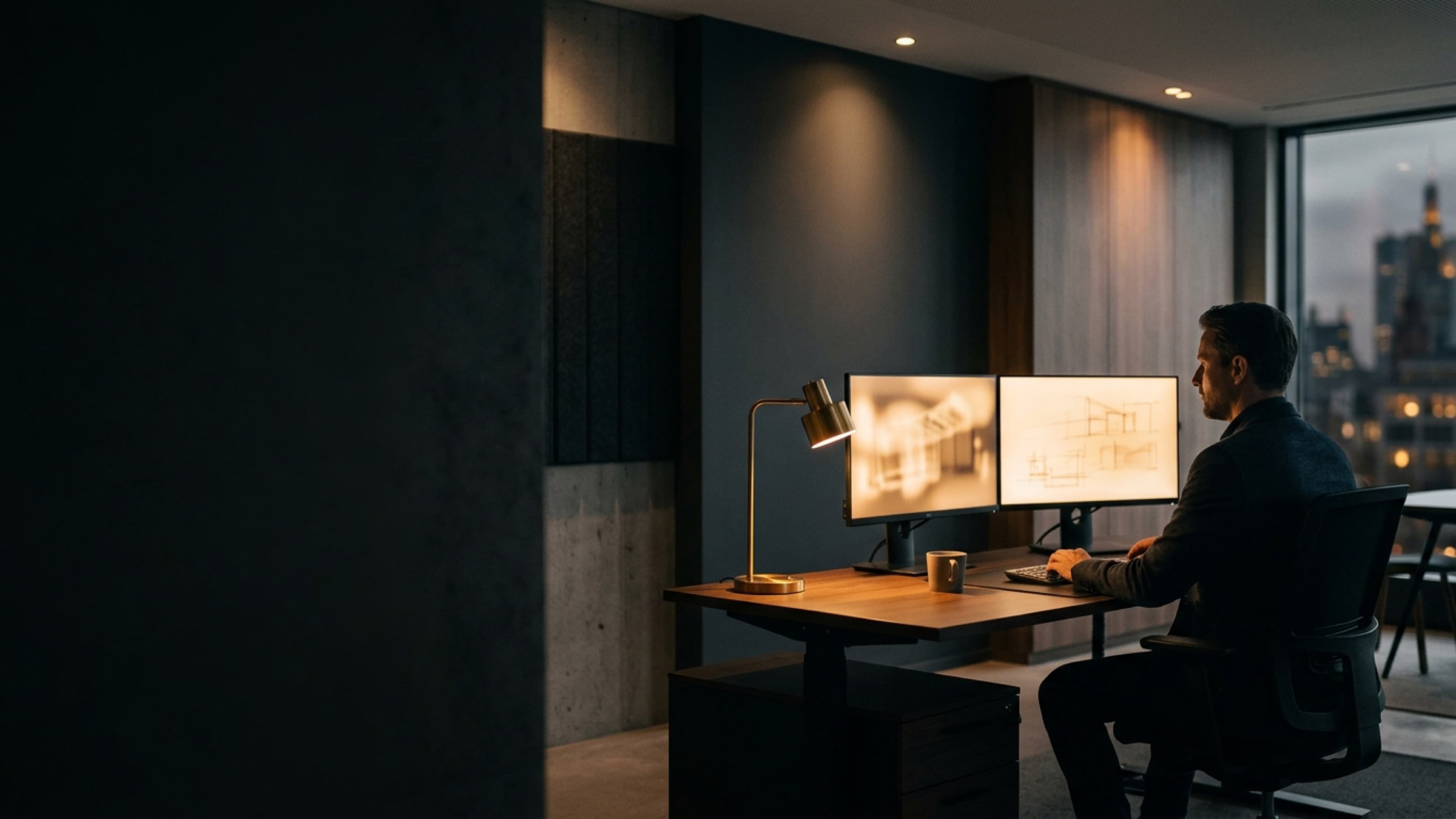 Person in einem ruhigen Büro bei der Analyse abstrakter Softwarearchitektur