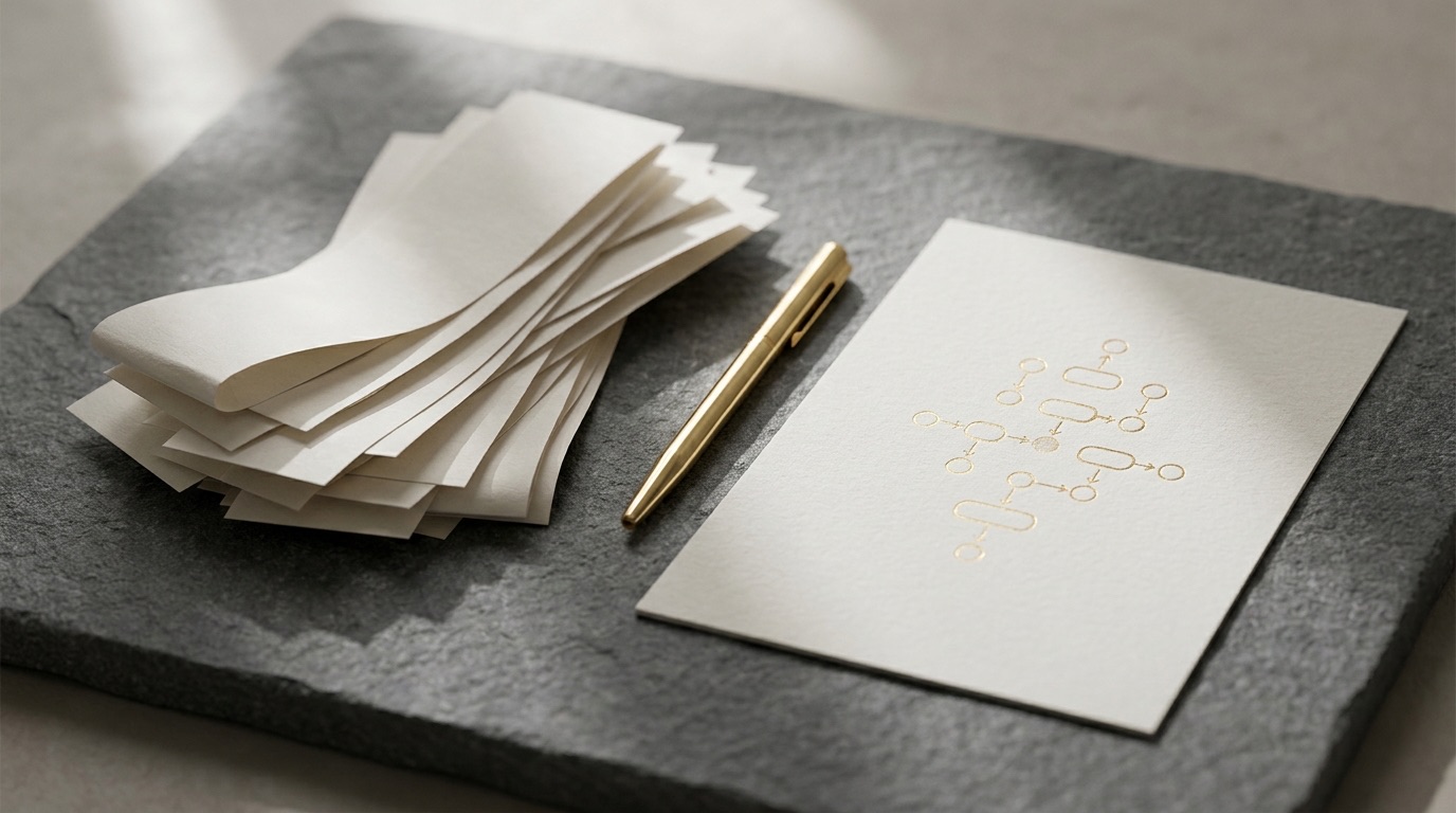 Lose Papierstreifen, ein goldener Stift und ein Blatt mit einem sauber gezeichneten Diagramm in Goldlinien auf dunklem Stein