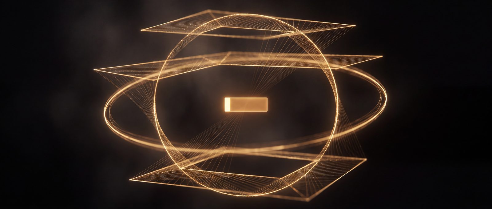 Ein leuchtender Eingabecursor in der Mitte, umgeben von drei Ebenen aus Lichtlinien und einer Schleife: Planen, Bauen und Prüfen als ein System.