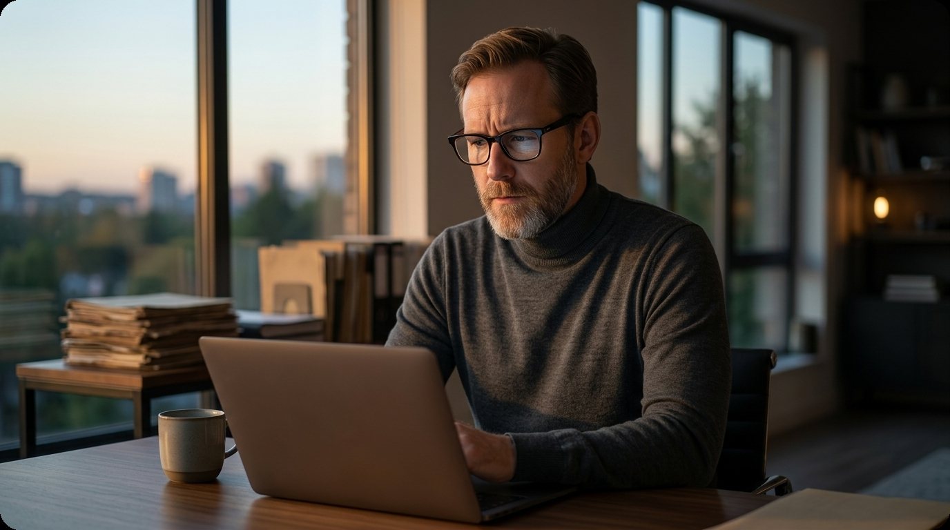 Ein Mann arbeitet am Abend konzentriert am Laptop, daneben ein Stapel Papier und eine Tasse.