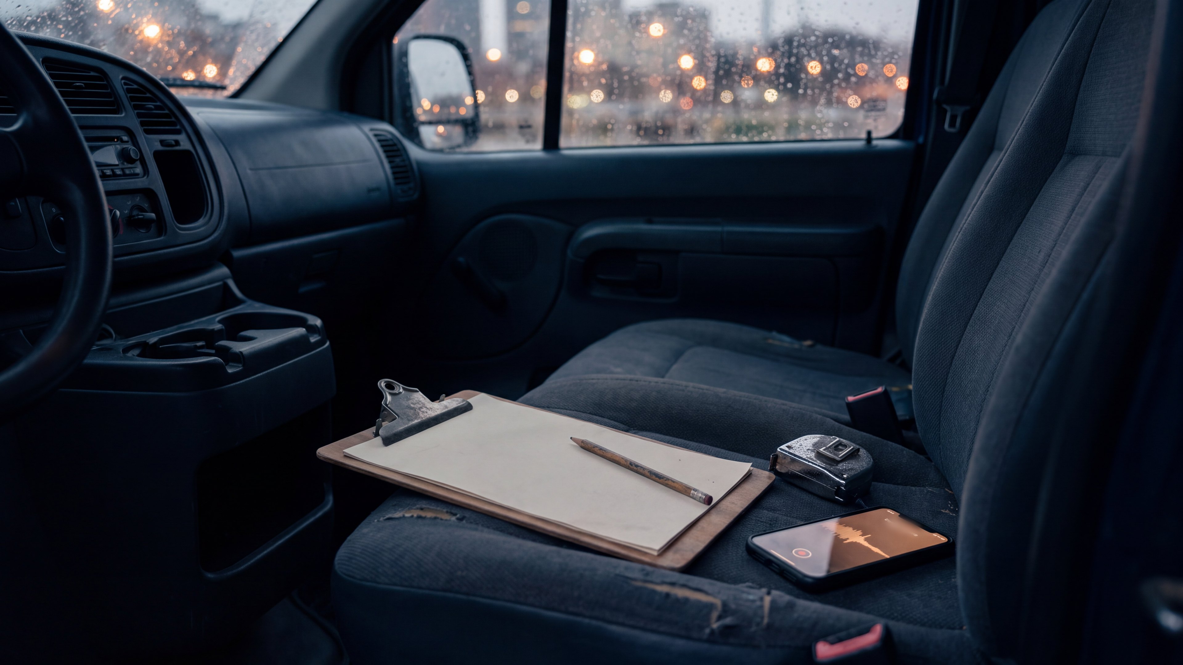 Beifahrersitz eines Transporters am Abend, Klemmbrett mit leeren Blättern, Bleistift, Maßband und ein Smartphone, das ein Sprachmemo aufnimmt