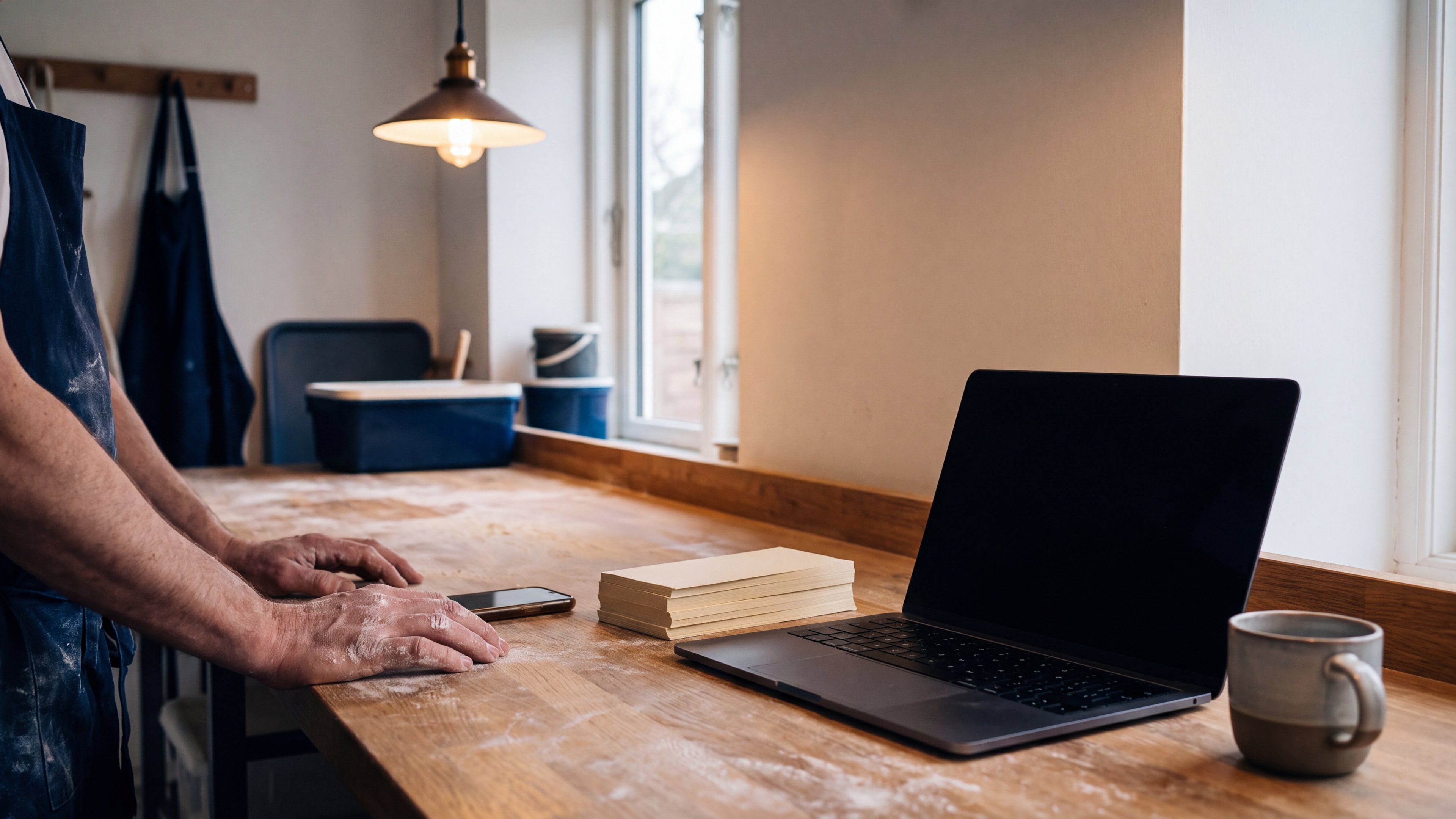 Werkbank einer kleinen Bäckerei nach Feierabend, mehlige Hände neben einem Smartphone, Laptop, Auftragszettel und Kaffeebecher im warmen Licht