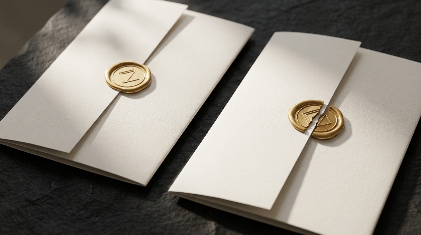 Zwei gefaltete Papierbögen auf dunklem Stein. Der linke ist mit einem goldenen Wachssiegel verschlossen, das Siegel auf dem rechten ist sauber in zwei Hälften gebrochen.