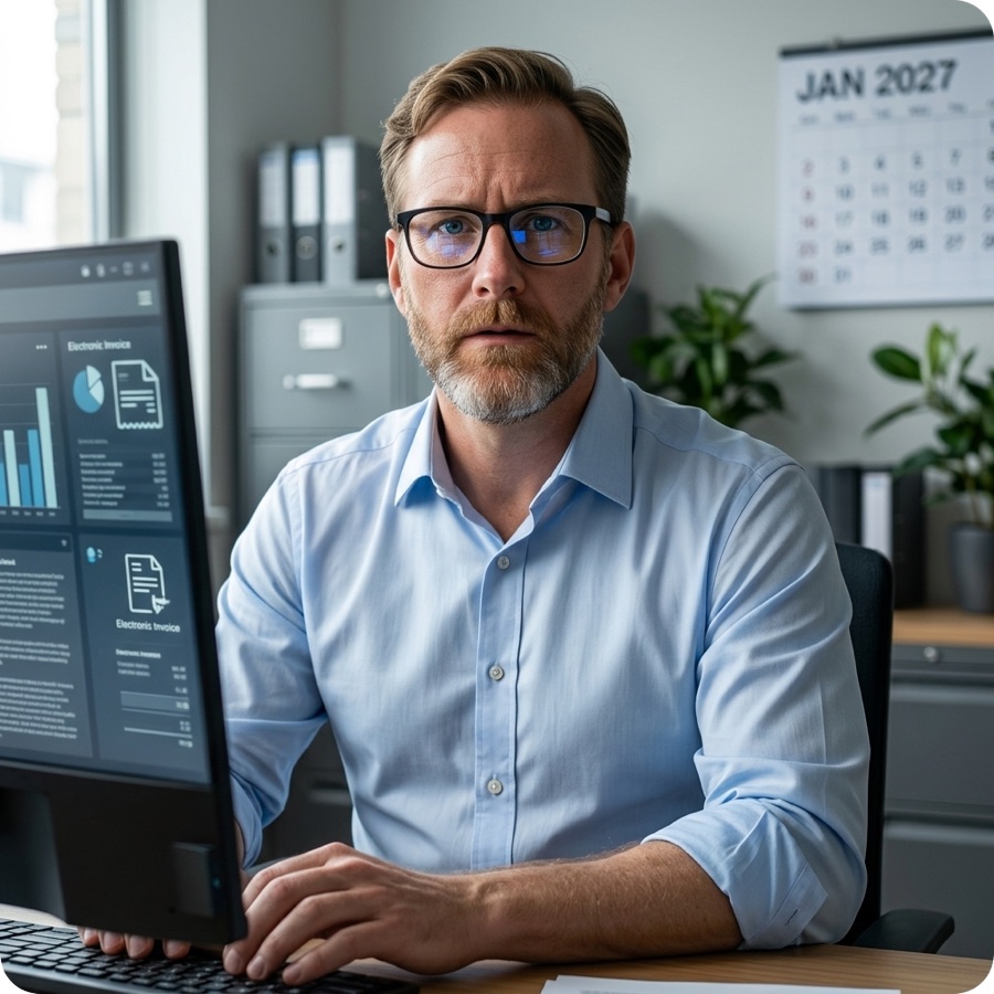 KI-generierte Büroszene: Ein Mitarbeiter vor einem Bildschirm und einem Kalender für Januar 2027