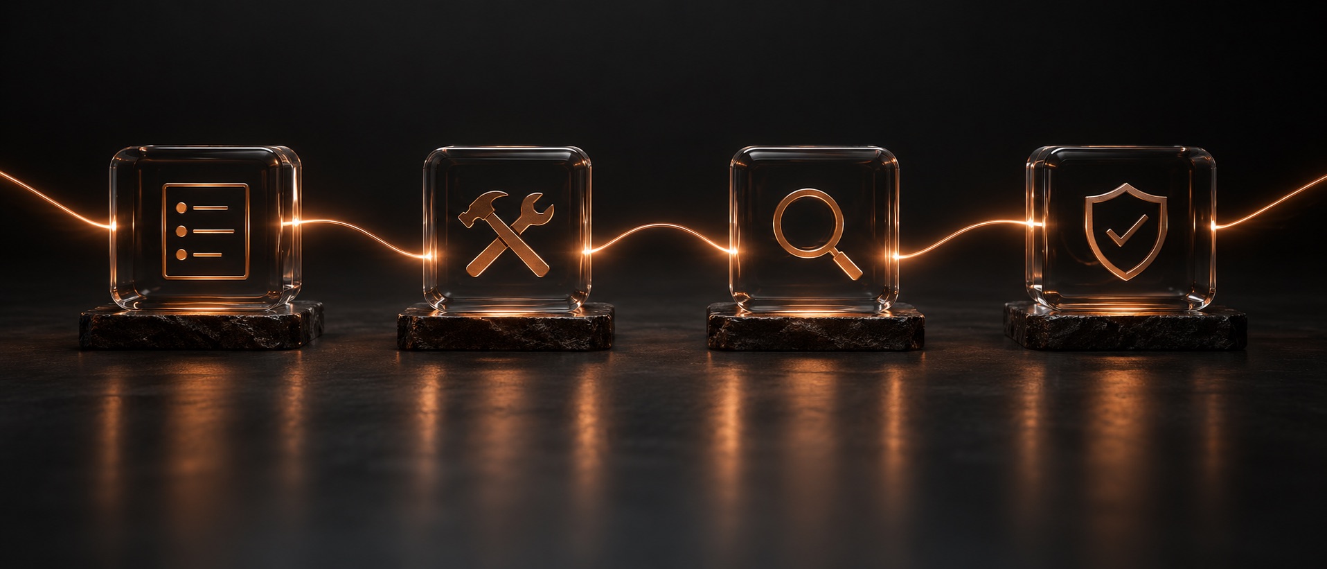 Vier leuchtende Symbole für Planung, Umsetzung, Prüfung und Sicherheit, verbunden durch eine orange Lichtlinie