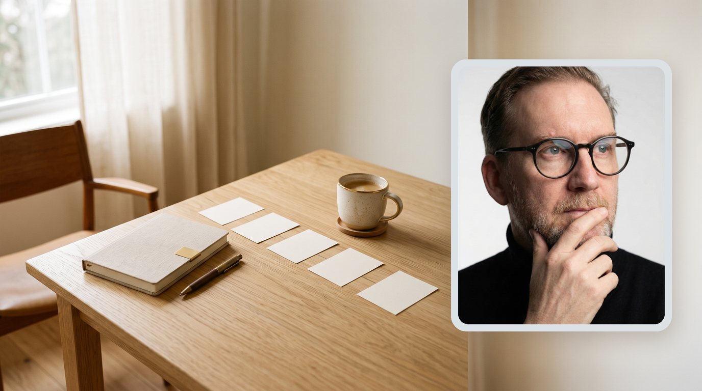 Holztisch mit fünf leeren Karten in einer Reihe wie Prozessschritte, daneben ein Porträtfoto von Steffen Herr mit Brille, die Hand am Kinn.
