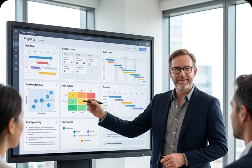 Team arbeitet gemeinsam an einer digitalen Auswertung
