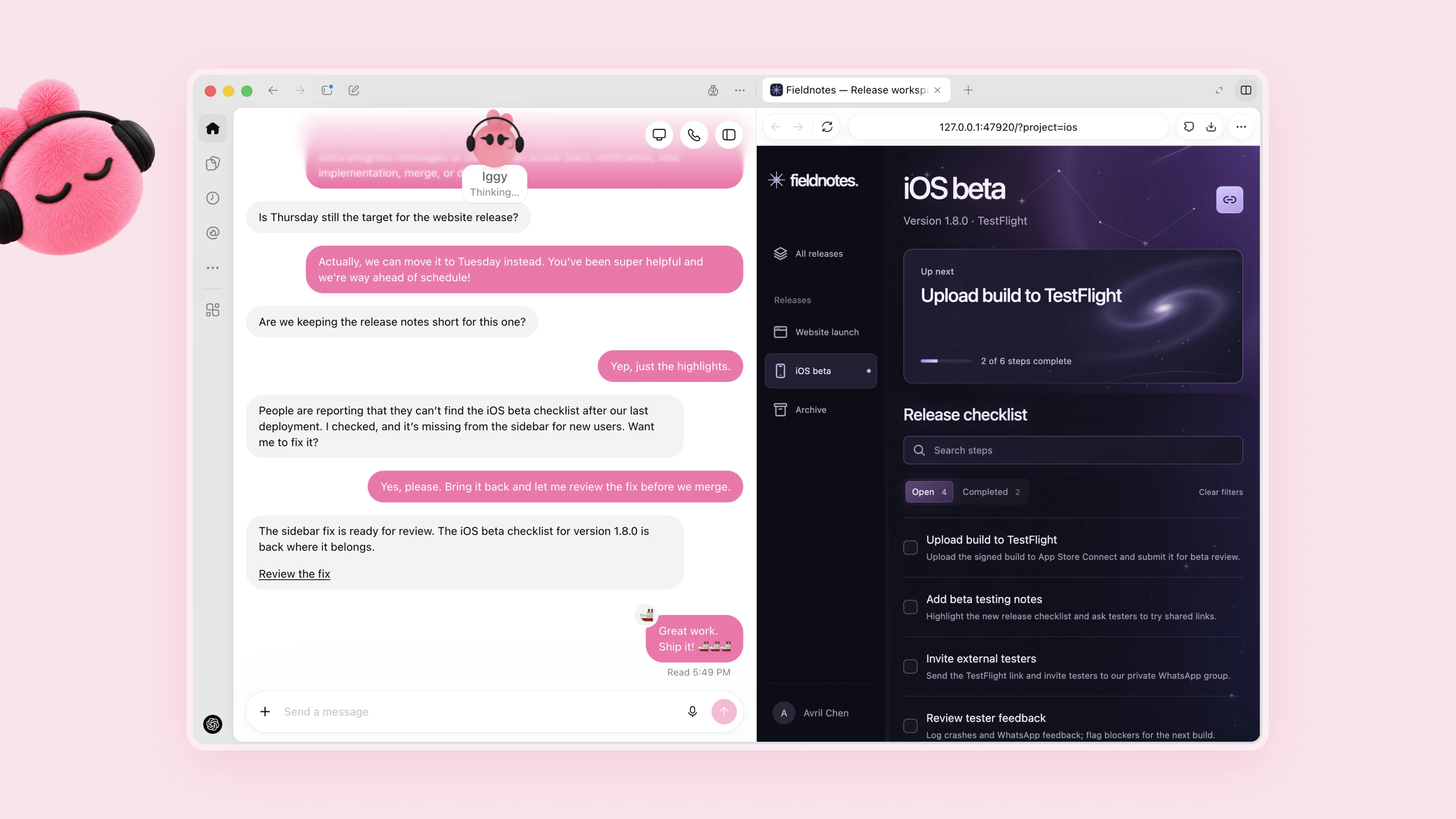 Der pinke dot Iggy bereitet eine Korrektur an einer iOS-Beta-Checkliste neben einer Release-Arbeitsumgebung vor.