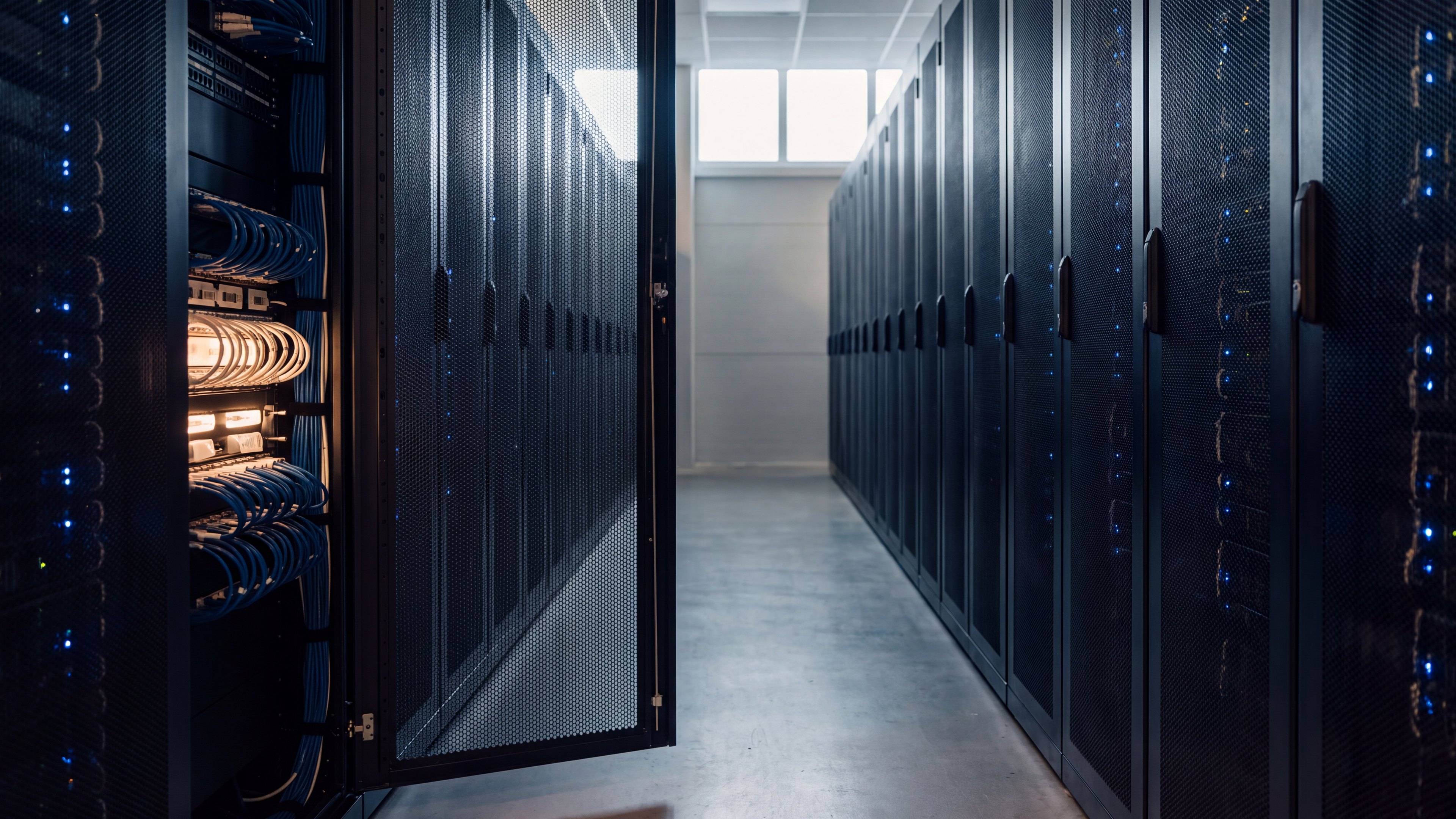 Langer Gang in einem Rechenzentrum mit dunklen Serverschränken und kleinen blauen Statuslichtern, vorne ein geöffneter Schrank mit ordentlich verlegten Kabeln