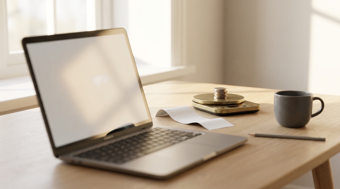Aufgeräumter Holzschreibtisch im Morgenlicht mit aufgeklapptem Laptop, einer Messingwaage mit drei gestapelten Münzen, einem Kassenzettel und einer grauen Kaffeetasse.