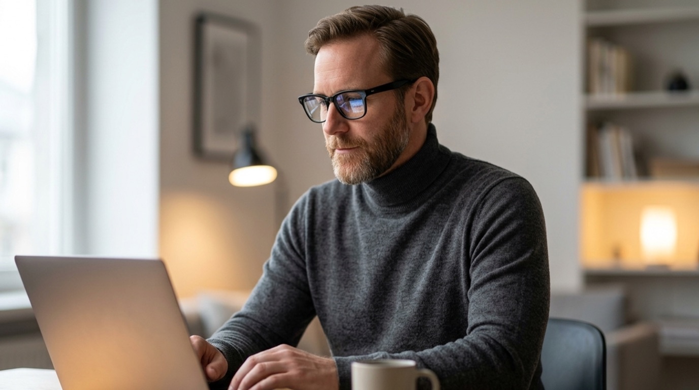 Mann mit Brille und grauem Rollkragenpullover arbeitet konzentriert am Laptop in einem hellen Arbeitszimmer.