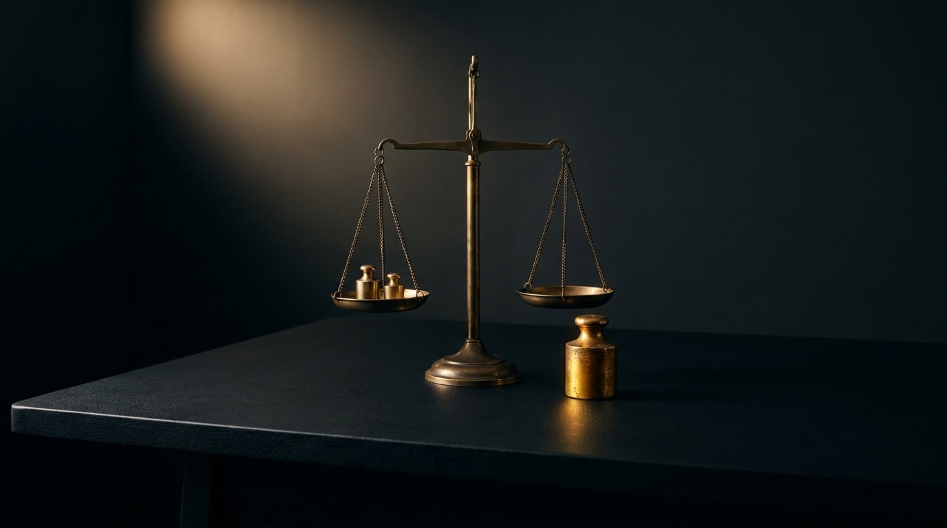 Eine Balkenwaage aus Messing auf einem dunklen Tisch im warmen Licht. In einer Schale liegen zwei kleine Gewichte, ein größeres steht daneben auf dem Tisch.