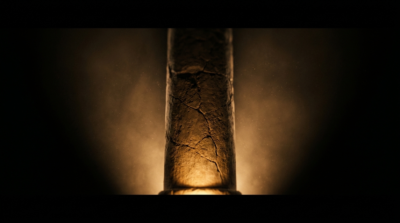 Eine rissige Steinsäule, von unten warm angestrahlt, feiner Staub in der Luft.