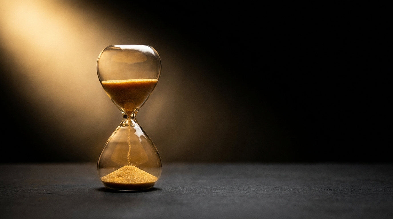Eine gläserne Sanduhr mit goldenem Sand auf dunkler Fläche im warmen Spotlicht.