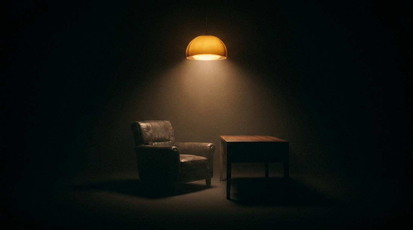 Ein leerer Ledersessel an einem schlichten dunklen Tisch unter warmem Licht.