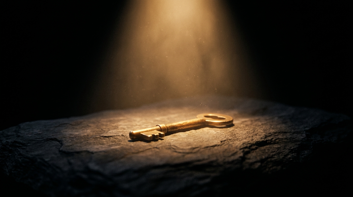 Ein Messingschlüssel liegt auf dunklem Stein im warmen Licht von oben.
