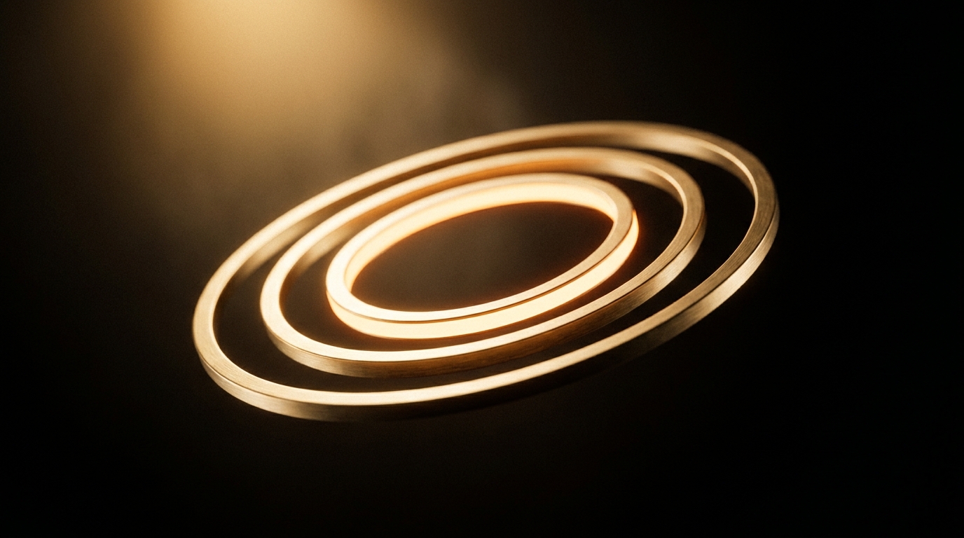Drei dünne goldene Ringe schweben schräg im schwarzen Raum, der innerste leuchtet warm von innen.