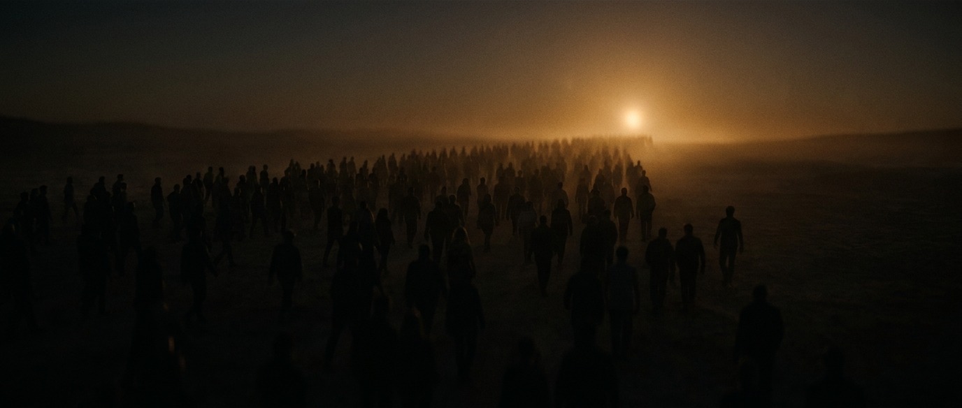 Eine große Menschenmenge von hinten als Silhouetten in der Dämmerung, alle gehen auf ein warmes Licht am Horizont zu.
