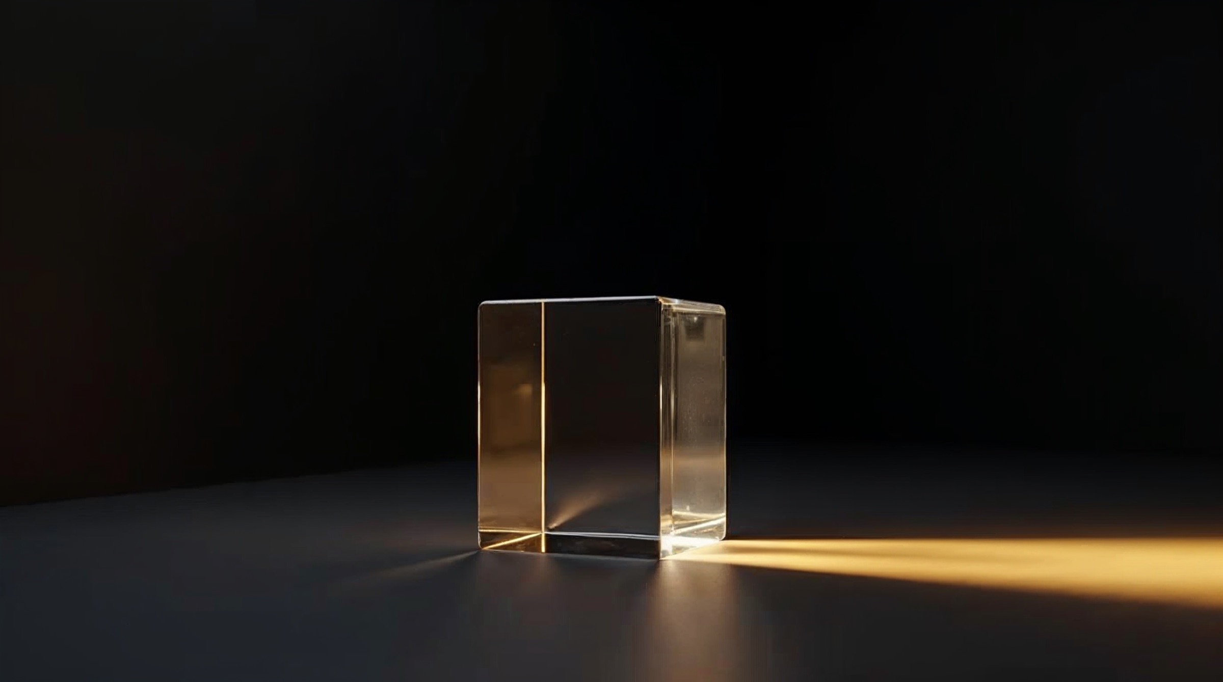 Ein klarer Glaswürfel auf dunkler Bühne lenkt warmes Licht zu einer schmalen Linie auf dem Boden.