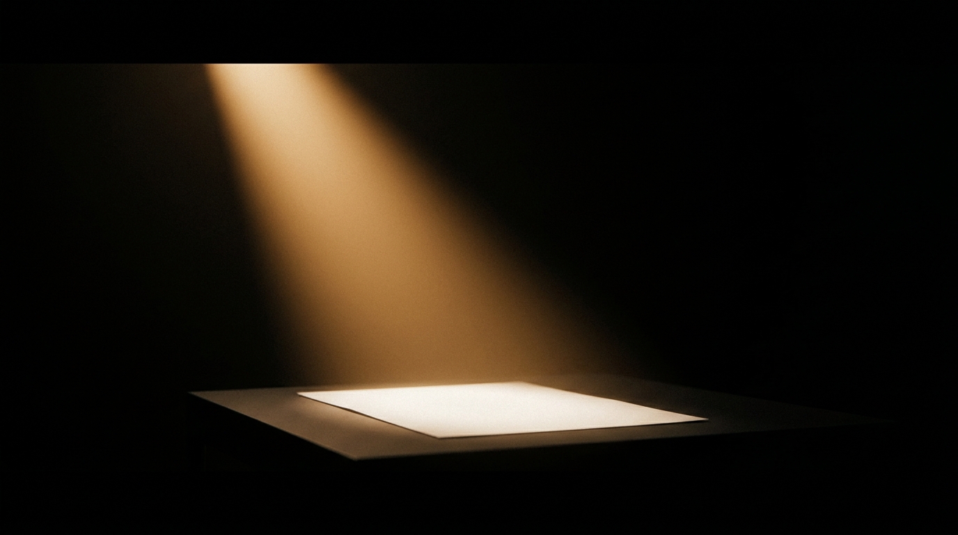 Ein schmaler warmer Lichtstrahl fällt auf ein einzelnes weißes Blatt auf dunklem Tisch.