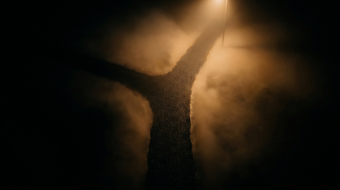Ein schmaler Weg im Nebel teilt sich, eine Richtung liegt im warmen Licht, die andere im Dunkeln.