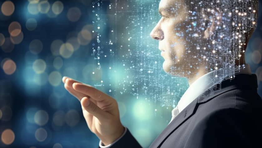 Geschäftsmann erkundet KI und Machine Learning auf virtuellem Bildschirm