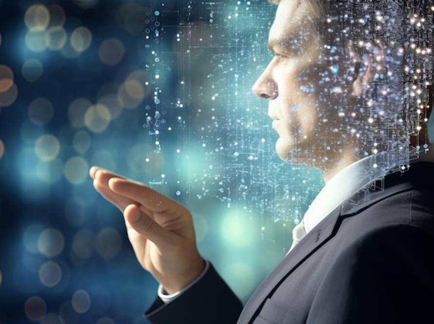 Geschäftsmann erkundet KI und Machine Learning auf virtuellem Bildschirm