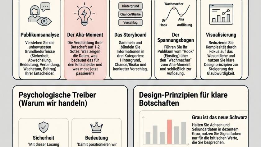 Grafik, die zeigt, wie rohe Daten durch Storytelling zu einer klaren, verständlichen und überzeugenden Botschaft transformiert werden