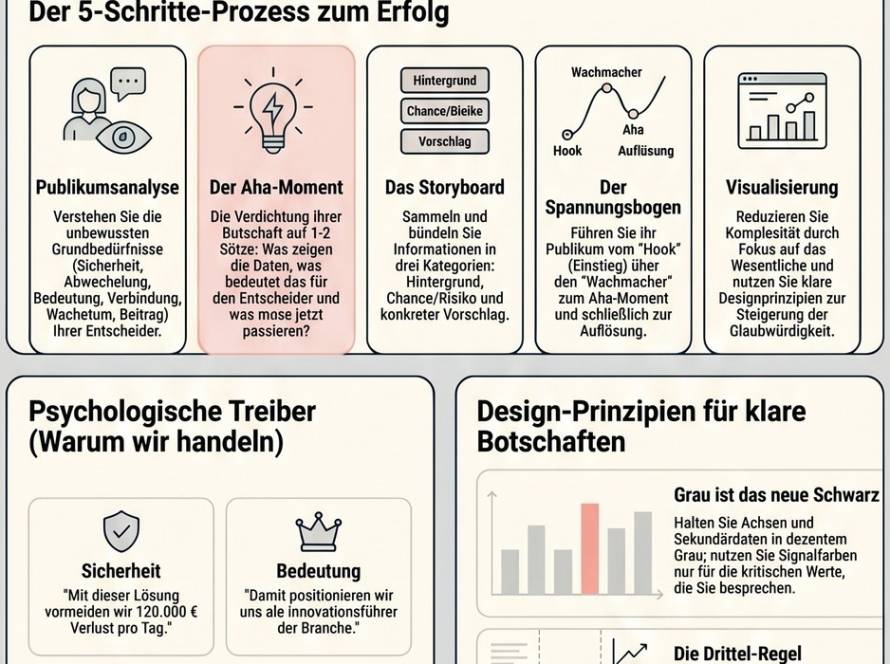 Grafik, die zeigt, wie rohe Daten durch Storytelling zu einer klaren, verständlichen und überzeugenden Botschaft transformiert werden