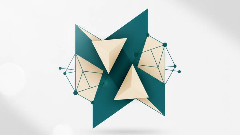 Abstract geometric shapes forming a teal and beige interconnected network motif on a light background.