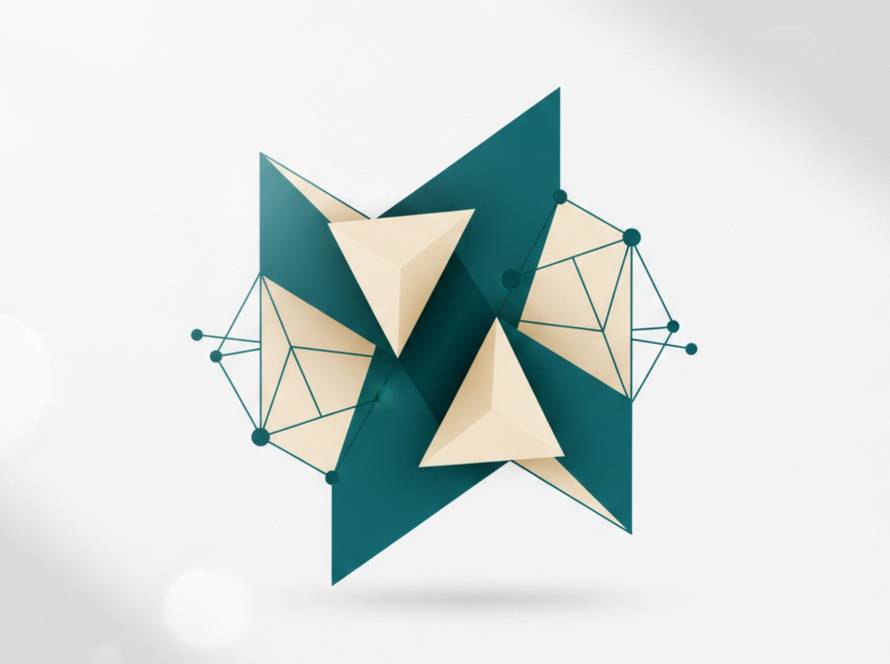 Abstract geometric shapes forming a teal and beige interconnected network motif on a light background.