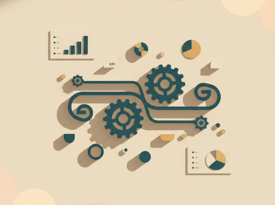 Schematische Darstellung eines Unternehmens-Betriebssystems mit Prozessfluss und KPI-Dashboard als Symbol für Operational Excellence
