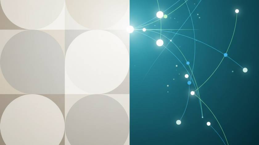 Abstract split image: left side shows beige overlapping circles in a grid; right side features a teal background with glowing nodes connected by curved lines and arcs, suggesting a network.