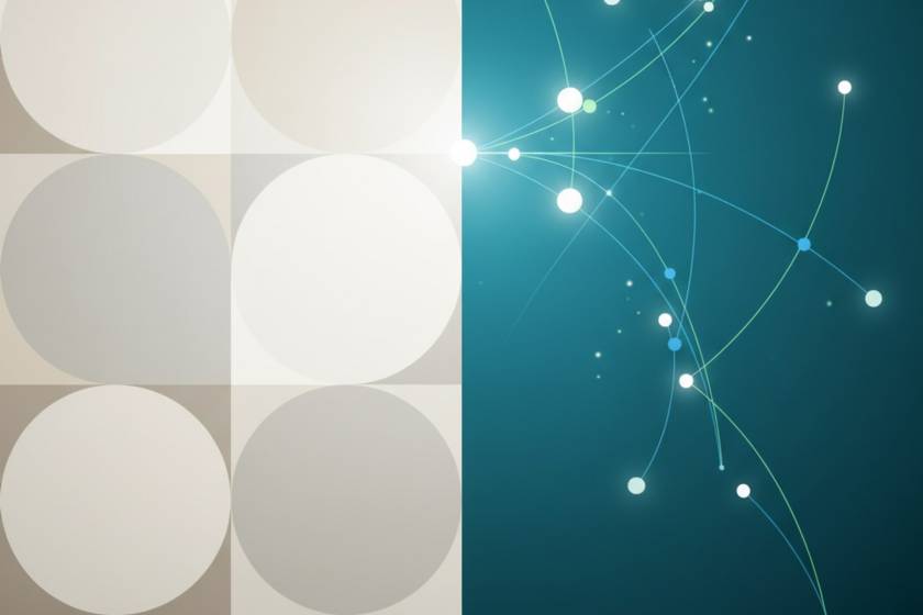 Abstract split image: left side shows beige overlapping circles in a grid; right side features a teal background with glowing nodes connected by curved lines and arcs, suggesting a network.