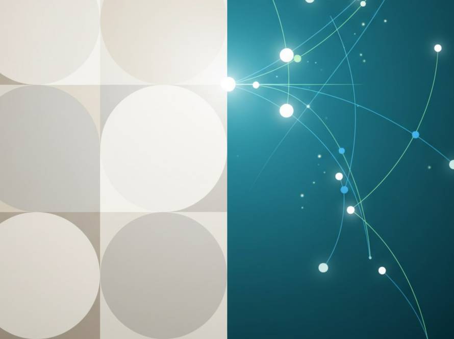 Abstract split image: left side shows beige overlapping circles in a grid; right side features a teal background with glowing nodes connected by curved lines and arcs, suggesting a network.
