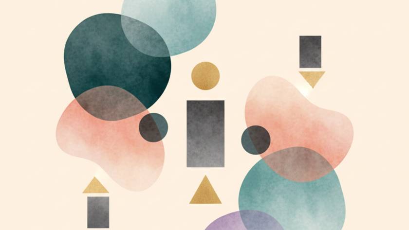 Abstract arrangement of overlapping circles, blobs, triangles, and rectangles in teal, pink, gold on a cream background.