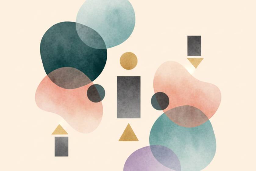 Abstract arrangement of overlapping circles, blobs, triangles, and rectangles in teal, pink, gold on a cream background.