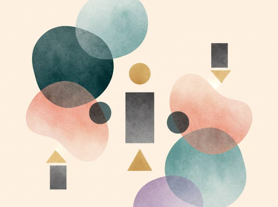 Abstract arrangement of overlapping circles, blobs, triangles, and rectangles in teal, pink, gold on a cream background.