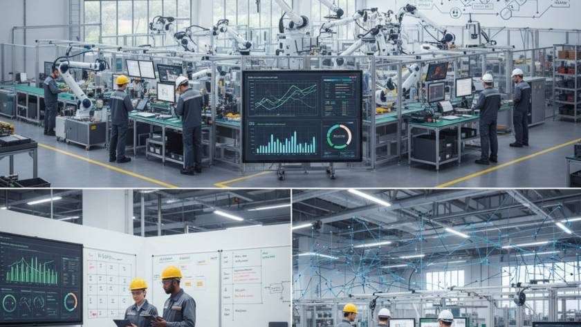 Industrial factory floor with robotic arms, technicians, and large data dashboards on screens.