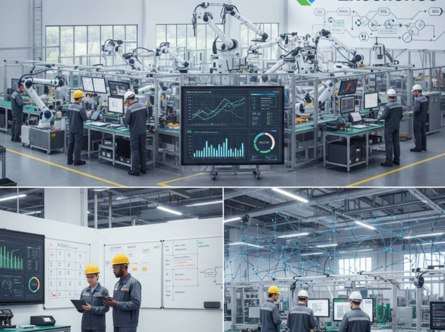 Industrial factory floor with robotic arms, technicians, and large data dashboards on screens.