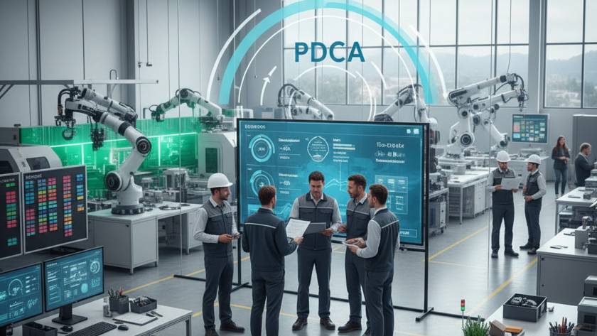 Five engineers in gray uniforms discuss data on a large touchscreen display in a robotic manufacturing lab with several robotic arms nearby.